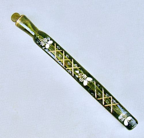 fig 2. RARE OXFORD LAVENDER GILT & ENAMELLED GREEN GLASS SCENT BOTTLE, CIRCA 1860