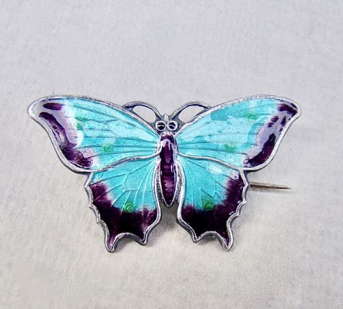 Fabulous Scandinavian Sterling Silver & Guilloche Enamel Butterfly Brooch, Circa 1930
