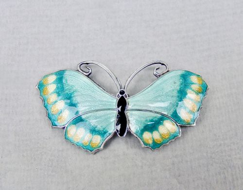 Superb Scandinavian Sterling Silver & Guilloche Enamel Butterfly Brooch, Circa 1930
