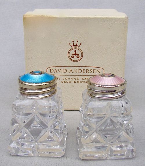 Cased Pair of Norwegian Art Deco Silver and Enamel Salts by David Andersen, Circa 1930
