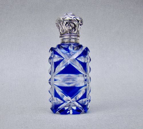 Fabulous Victorian Silver and Bristol Blue Overlay Bohemian Glass Scent Bottle , Circa 1890