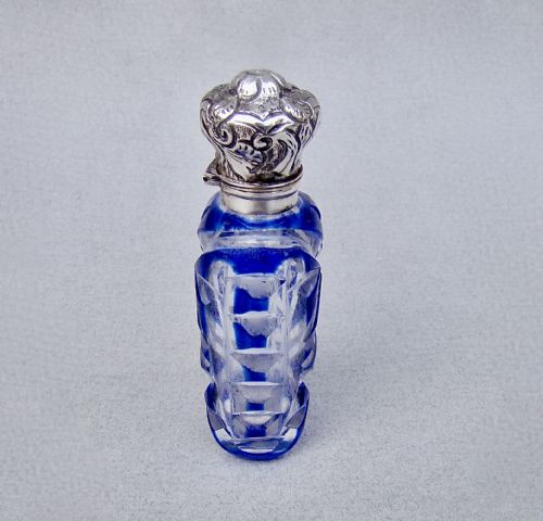 fig 1. FABULOUS VICTORIAN SILVER AND BRISTOL BLUE OVERLAY BOHEMIAN GLASS SCENT BOTTLE , CIRCA 1890