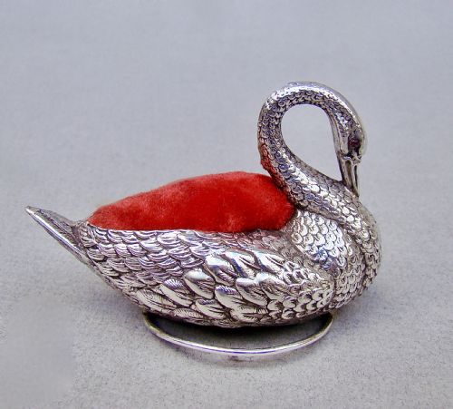 fig 1. RARE EDWARDIAN SILVER SWAN PIN CUSHION BY ADIE & LOVEKIN, BIRMINGHAM 1908