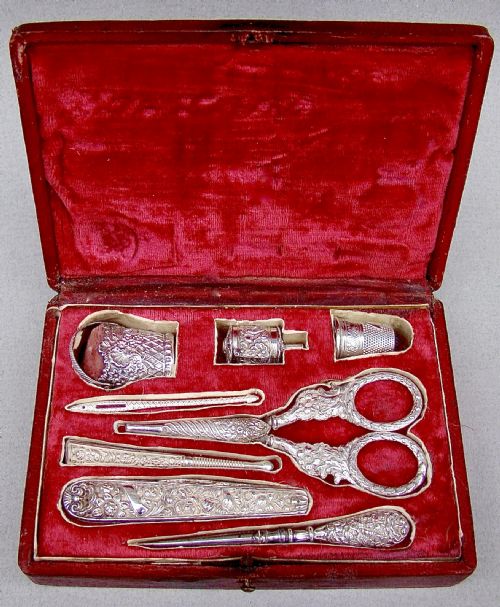 Exceptional 19th Century French 8 Pieces Silver Sewing Set, Circa 1840