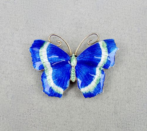 Superb Scandinavian Sterling Silver & Guilloche Enamel Butterfly Brooch, Circa 1930
