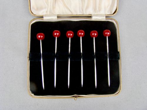 fig 1. CASED SET OF ART DECO STERLING SILVER COCKTAIL CHERRY STICKS BY THE ADIE BROTHERS, BIRMINGHAM 1927