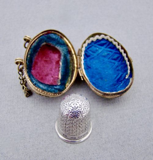 fig 1. EXQUISITE CHARLES HORNER SILVER THIMBLE CASED IN ORMULU CHATELAINE EGG-SHAPED HOLDER

