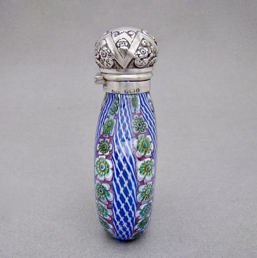 fig 1. RARE VICTORIAN SILVER MOUNTED MILLEFIORI GLASS SCENT BOTTLE BY GRINSELL& SONS, BIRMINGHAM 1900