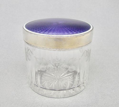 fig 1. FABULOUS FRENCH STERLING SILVER & GUILLOCHE ENAMEL DRESSING TABLE JAR, CIRCA 1910