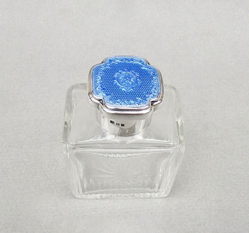 fig 1. ART DECO SILVER & GUILLOCHE ENAMEL SCENT BOTTLE BY RICHARD COMYNS, LONDON 1931