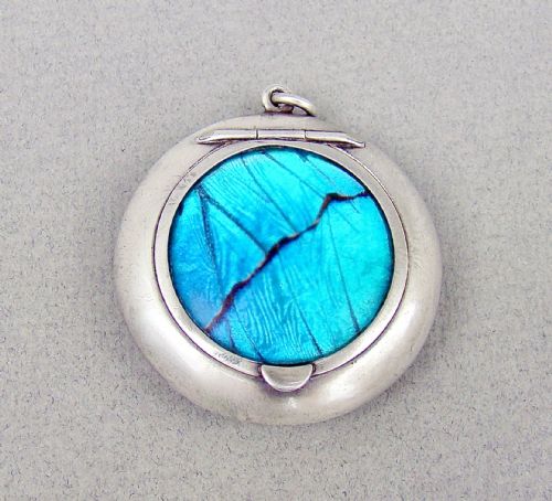 Rare Silver and Morpho Butterfly Wing Chatelaine Compact by Levi & Salaman, Birmingham 1920