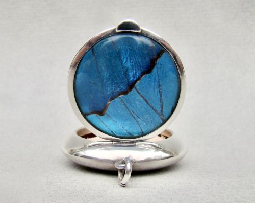 fig 1. RARE SILVER AND MORPHO BUTTERFLY WING CHATELAINE COMPACT BY LEVI & SALAMAN, BIRMINGHAM 1920
