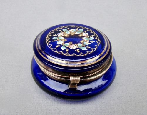 19th Century French Enamelled Bristol Blue Glass Trinket Box, Circa 1890