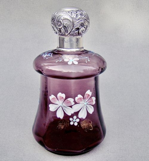 Exquisite Silver & Amethyst Enamelled Glass Scent Bottle by Charles May, Birmingham 1910
