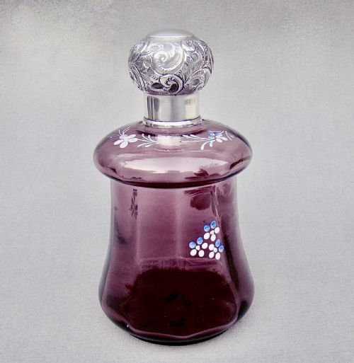 fig 1. EXQUISITE SILVER & AMETHYST ENAMELLED GLASS SCENT BOTTLE BY CHARLES MAY, BIRMINGHAM 1910