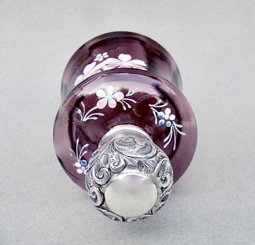 fig 2. EXQUISITE SILVER & AMETHYST ENAMELLED GLASS SCENT BOTTLE BY CHARLES MAY, BIRMINGHAM 1910