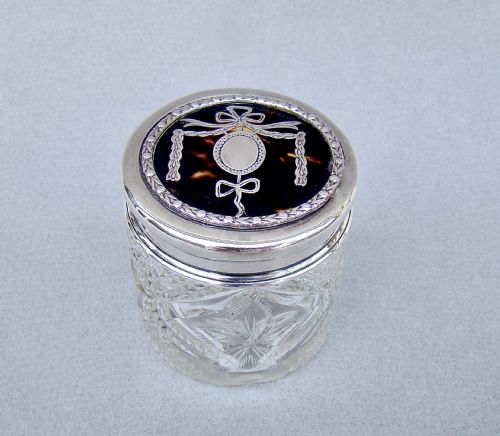 fig 3. EXQUISITE EDWARDIAN SILVER & TORTOISESHELL CUT GLASS VANITY JAR BY R.COMYNS, LONDON 1909
