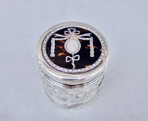 Exquisite Edwardian Silver & Tortoiseshell Cut Glass Vanity Jar by R.comyns, London 1909
