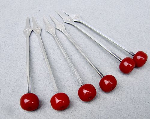 RARE SET OF SIX ART DECO SILVER CHERRY COCKTAIL STICKS LONDON 1934 IN SILVER AND CUT GLASS HOLDER - ADDITIONAL PHOTO 3