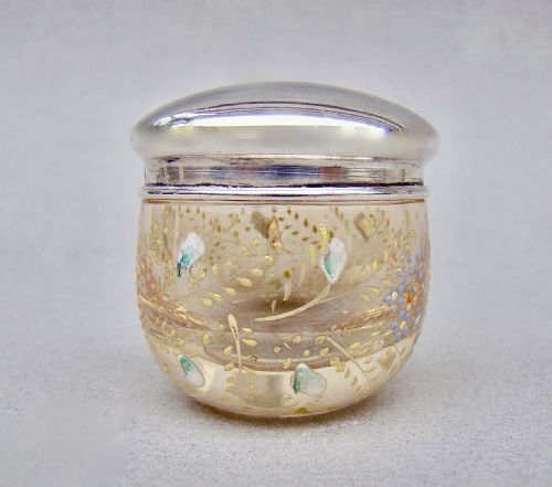 fig 1. DELIGHTFUL SILVER & ENAMELLED GLASS ROUGE POT BY SYNYER & BEDDOES, BIRMINGHAM 1920
