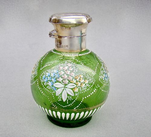 fig 1. FABULOUS SILVER GILT GREEN ENAMELLED GLASS SCENT BOTTLE BY RICHARD COMYNS, LONDON 1933