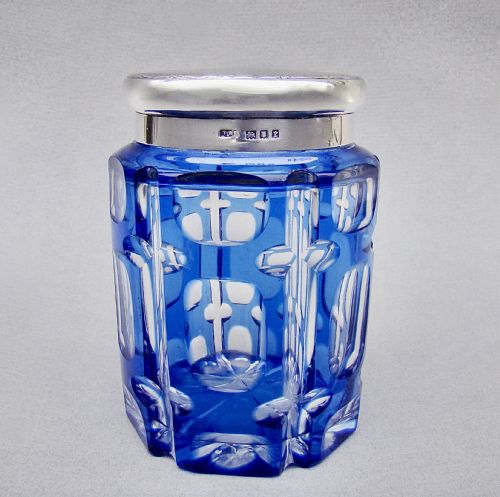 fig 1. STUNNING SILVER MOUNTED LARGE BOHEMIAN BRISTOL BLUE GLASS DRESSING TABLE JAR BY MAPPIN & WEBB, LONDON 1920