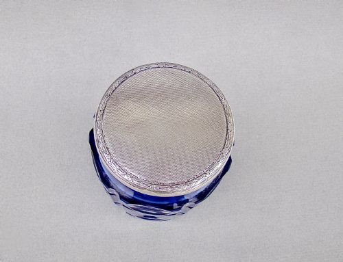 fig 2. STUNNING SILVER MOUNTED LARGE BOHEMIAN BRISTOL BLUE GLASS DRESSING TABLE JAR BY MAPPIN & WEBB, LONDON 1920