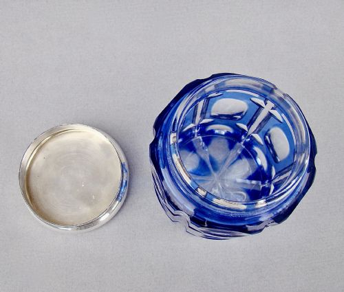 fig 3. STUNNING SILVER MOUNTED LARGE BOHEMIAN BRISTOL BLUE GLASS DRESSING TABLE JAR BY MAPPIN & WEBB, LONDON 1920