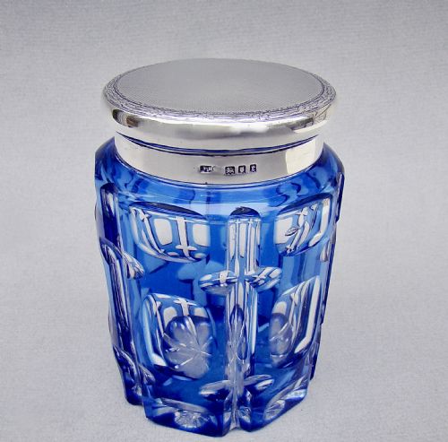 Stunning Silver Mounted Large Bohemian Bristol Blue Glass Dressing Table Jar by Mappin & Webb, London 1920