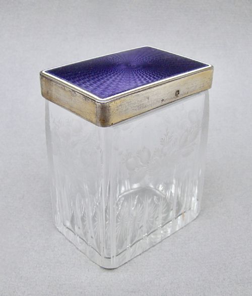 fig 1. SUPERB FRENCH STERLING SILVER & GUILLOCHE ENAMEL DRESSING TABLE JAR, CIRCA 1910