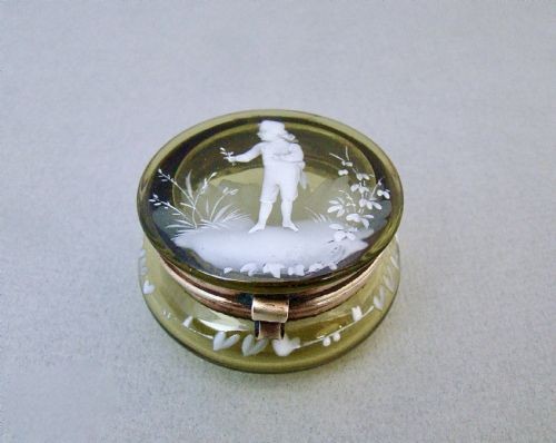 Rare Victorian "Mary Gregory" Olive Green Glass Trinket Box, Circa 1890