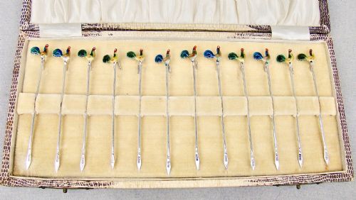 Rare Art Deco Cased Set of Twelve  Silver Enamelled Cockerel Cocktail Sticks by A. Scott, Birmingham 1928