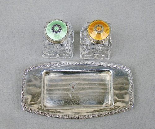 PAIR OF NORWEGIAN ART DECO SILVER AND ENAMEL SALTS ON SILVER STAND CIRCA 1930 - ADDITIONAL PHOTO 6