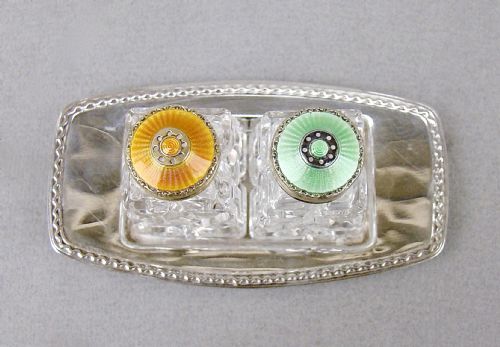 PAIR OF NORWEGIAN ART DECO SILVER AND ENAMEL SALTS ON SILVER STAND CIRCA 1930 - ADDITIONAL PHOTO 7