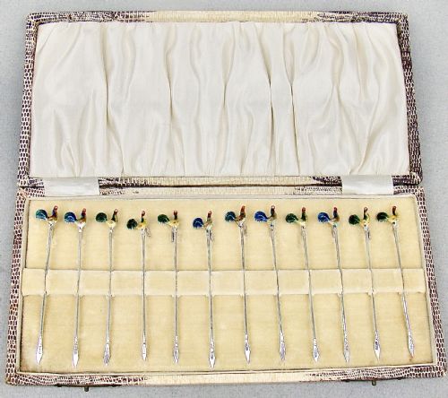 fig 1. RARE ART DECO CASED SET OF TWELVE SILVER ENAMELLED COCKEREL COCKTAIL STICKS BY A. SCOTT, BIRMINGHAM 1928