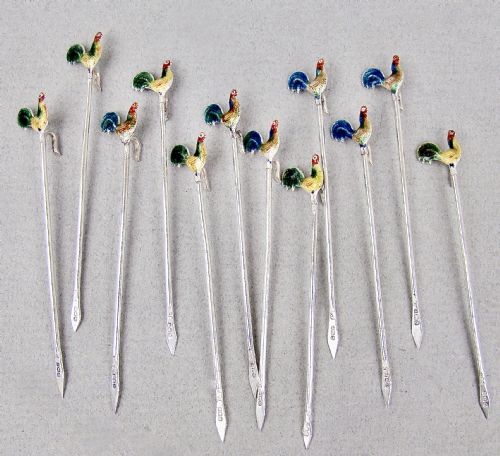 fig 2. RARE ART DECO CASED SET OF TWELVE SILVER ENAMELLED COCKEREL COCKTAIL STICKS BY A. SCOTT, BIRMINGHAM 1928