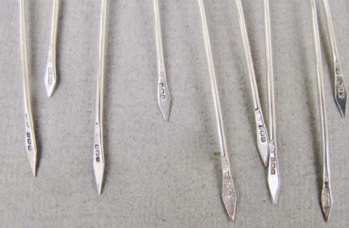 fig 3. RARE ART DECO CASED SET OF TWELVE SILVER ENAMELLED COCKEREL COCKTAIL STICKS BY A. SCOTT, BIRMINGHAM 1928