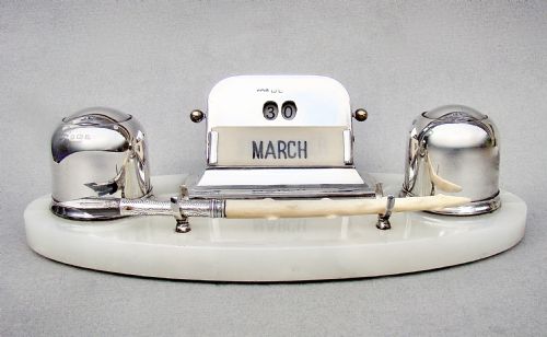 fig 1. FABULOUS ART DECO SILVER DESK INKSTAND & PERPETUAL CALENDAR BY THE WILMOT MANUFACTURING CO, BIRMINGHAM 1923