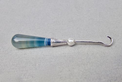 Unusual Victorian Silver & Blue Banded Agate Button Hook , Circa 1890