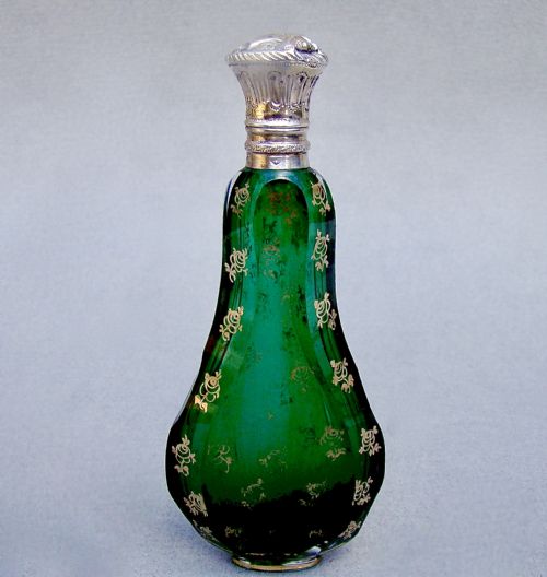 Exquisite 19th C. French Silver Gilt & Green Glass Scent Bottle, Circa 1860