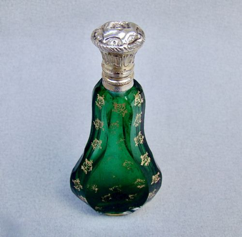 fig 1. EXQUISITE 19TH C. FRENCH SILVER GILT & GREEN GLASS SCENT BOTTLE, CIRCA 1860