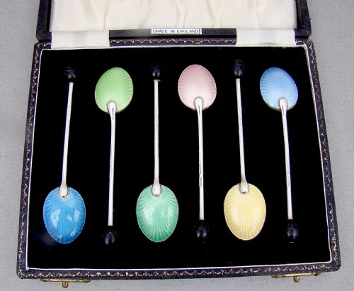 Cased Set of 6 Mid-century Silver & Guilloche Enamel Bean Knop Coffee Spoons by Henry Clifford Davis, Birmingham 1957
