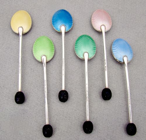 fig 2. CASED SET OF 6 MID-CENTURY SILVER & GUILLOCHE ENAMEL BEAN KNOP COFFEE SPOONS BY HENRY CLIFFORD DAVIS, BIRMINGHAM 1957
