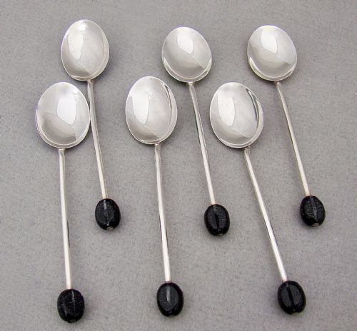 fig 3. CASED SET OF 6 MID-CENTURY SILVER & GUILLOCHE ENAMEL BEAN KNOP COFFEE SPOONS BY HENRY CLIFFORD DAVIS, BIRMINGHAM 1957
