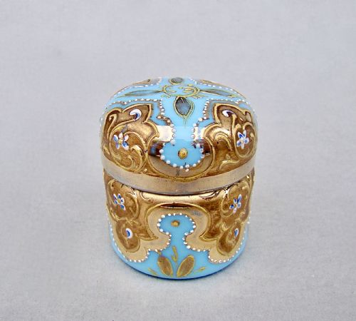 Delightful Moser Turquoise Opaline and Gilt Glass Rouge Pot, Circa 1890