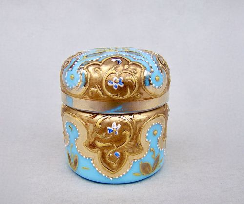 fig 1. DELIGHTFUL MOSER TURQUOISE OPALINE AND GILT GLASS ROUGE POT, CIRCA 1890