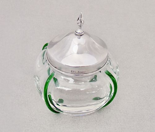 fig 1. UNUSUAL EDWARDIAN SILVER AND TRAILED GLASS DRESSING TABLE JAR BY ROBERT PRINGLE & SONS, LONDON 1901