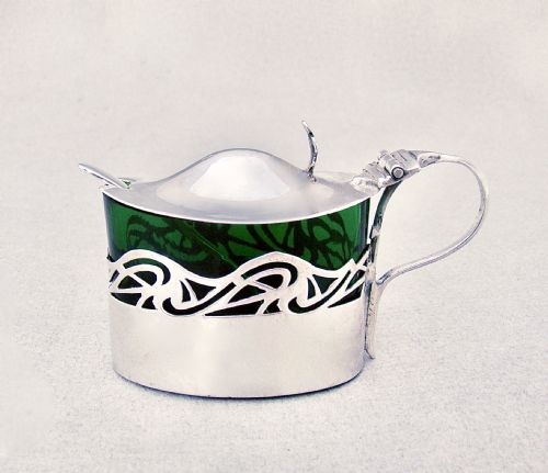 fig 1. EXQUISITE ART NOUVEAU SILVER SMALL MUSTARD POT BY WILLIAM HENRY SPARROW, BIRMINGHAM 1905