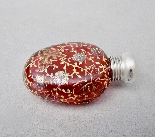 fig 1. VICTORIAN SILVER MOUNTED MOSER CRANBERRY GLASS SMALL SCENT BOTTLE, BY G WALTON, BIRMINGHAM 1876