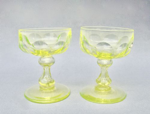 fig 1. RARE PAIR OF VICTORIAN URANIUM GLASS CHAMPAGNE GLASSES, CIRCA 1890